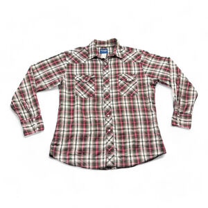 Vintage Wrangler Western Shirt Adult LARGE Red Green Plaid Pearl Snap 90s Cowboy